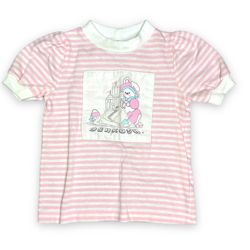Vintage OshKosh B’Gosh 2T Girls Shirt Top Puff Sleeve Bunny Beach Pink